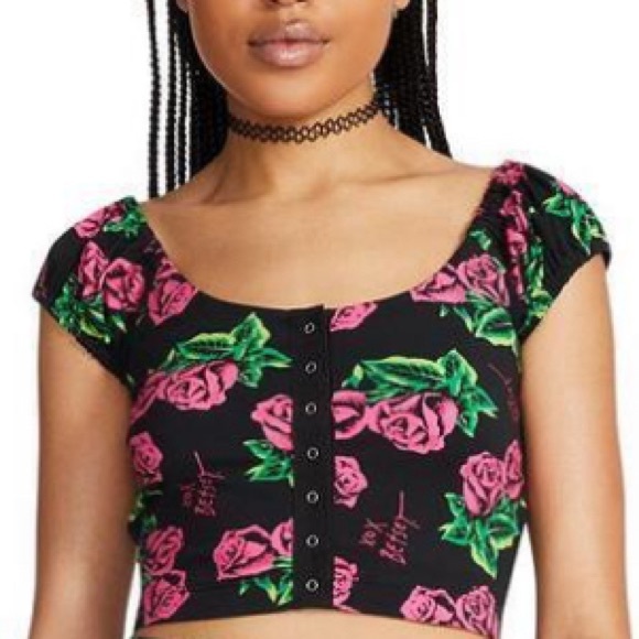 NWT [Betsey Johnson] Rose Floral Cap Sleeved Button-Down Cropped Women’s X-Large - Picture 2 of 7